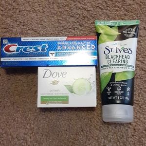 Dove soap crest toothpaste and st. Ives